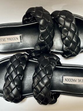 Steve Madden | "Paty" Black Braided Double-Strap Slide Platform Sandals - 37/6.5